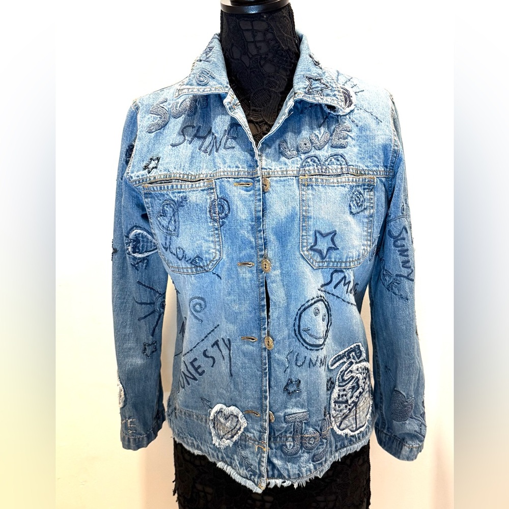 Unique embellished and frayed Chico's Blue Denim Jacket